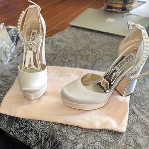 Badgley Mischka White Satin Heels with Pearl Accent
